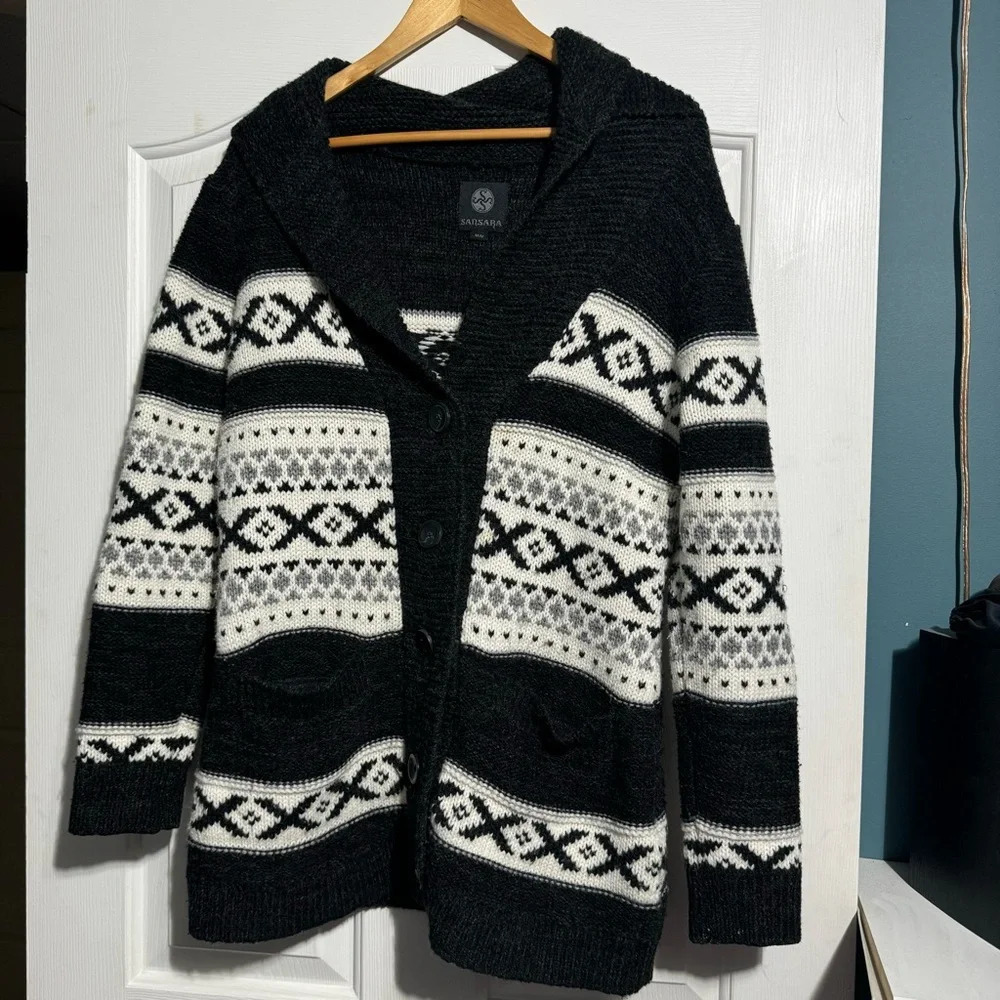 Samsara Wool Blend Cardigan Black White Medium